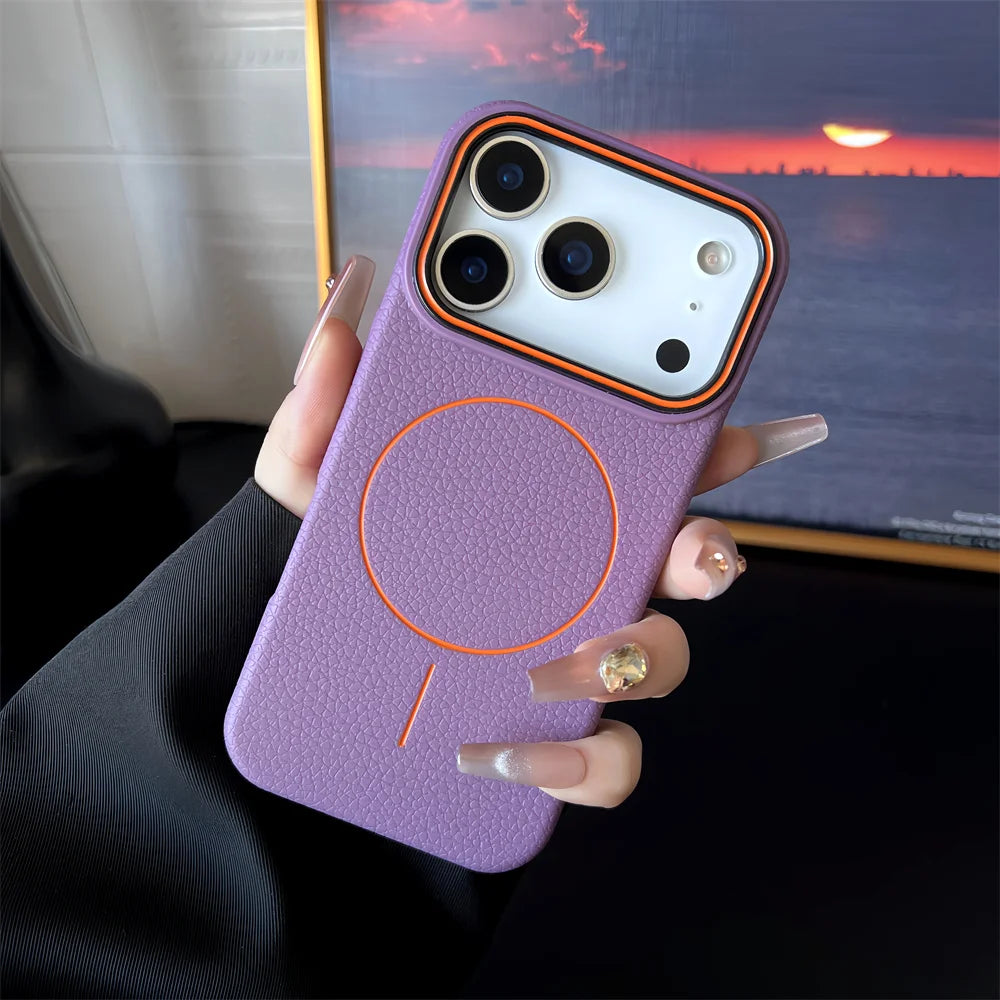 📱 **ملمس الجلد جراب آيفون المغناطيسي المطفي بتصميم قشرة الليتشي** 🌸