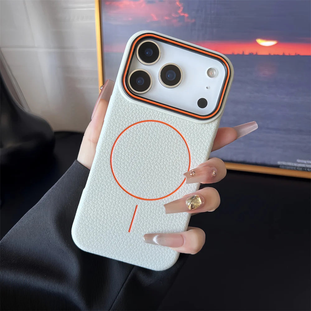 📱 **ملمس الجلد جراب آيفون المغناطيسي المطفي بتصميم قشرة الليتشي** 🌸