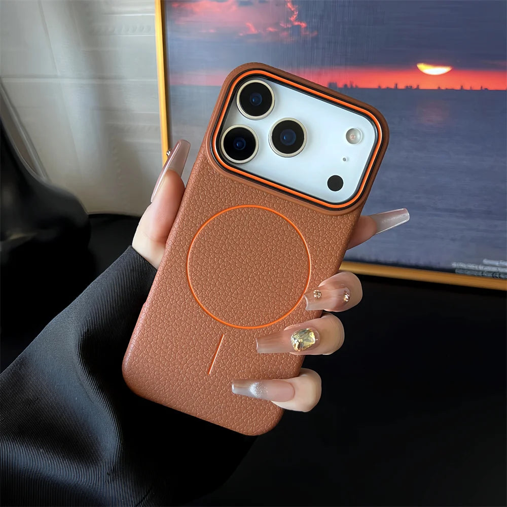 📱 **ملمس الجلد جراب آيفون المغناطيسي المطفي بتصميم قشرة الليتشي** 🌸