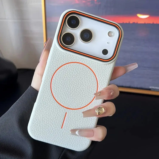📱 **ملمس الجلد جراب آيفون المغناطيسي المطفي بتصميم قشرة الليتشي** 🌸