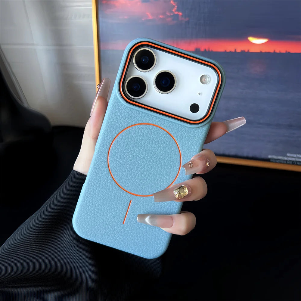 📱 **ملمس الجلد جراب آيفون المغناطيسي المطفي بتصميم قشرة الليتشي** 🌸