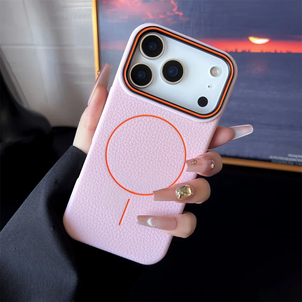 📱 **ملمس الجلد جراب آيفون المغناطيسي المطفي بتصميم قشرة الليتشي** 🌸